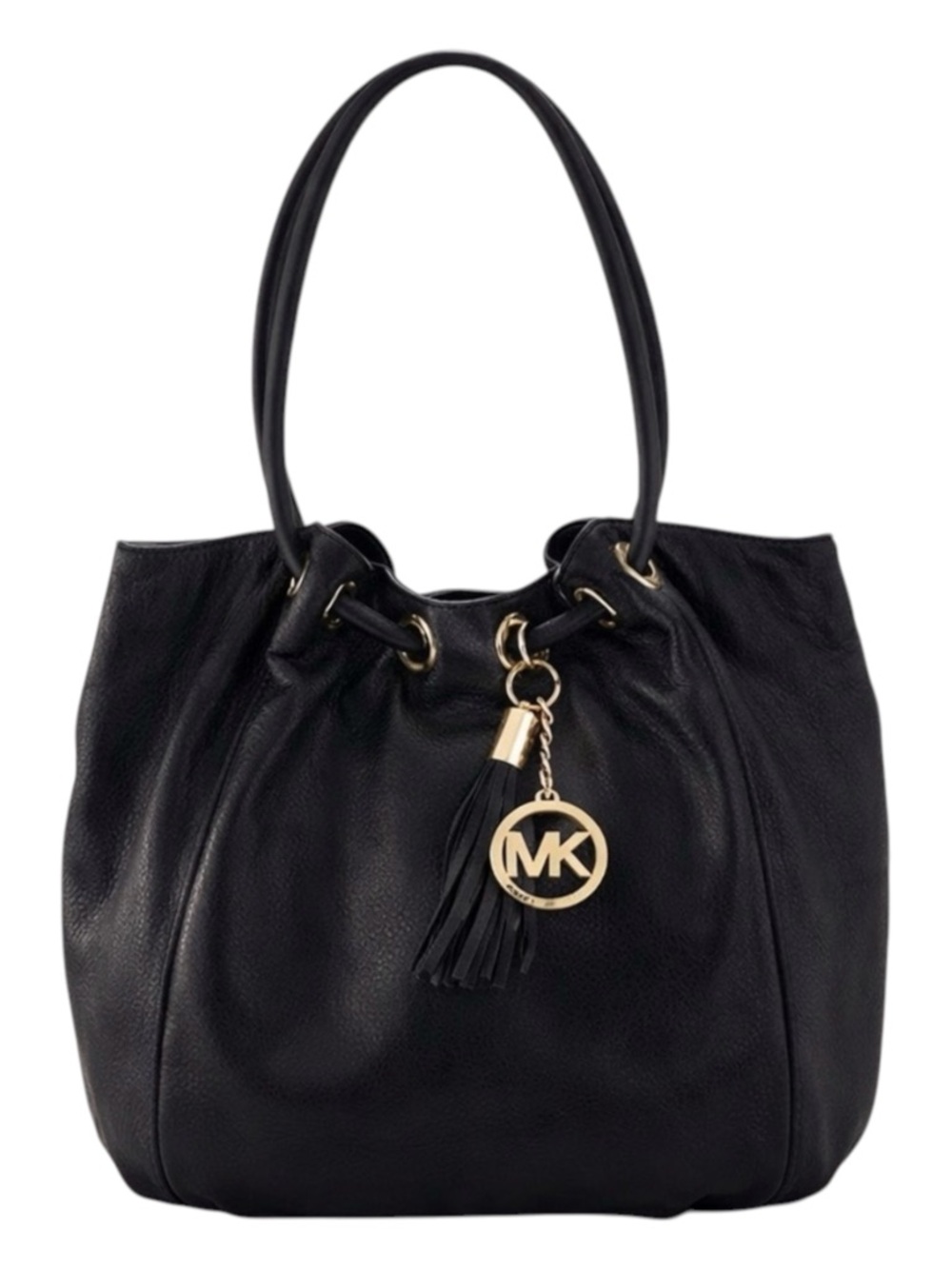 Michael Kors‎ Camden Pebbled Leather Bucket Bag Black with MK Medallion Tassel